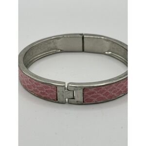 Womens Silver Tone Pink Faux‎ Leather Rhinestone Hinged Bangle Bracelet